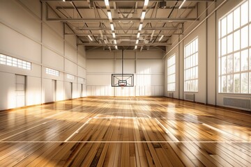 A basketball court on wooden floors and walls with windows