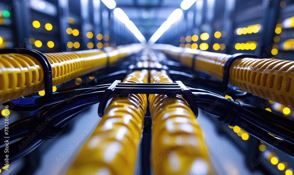 Aufkleber a row of yellow internet cables and led lights in data centre server room
