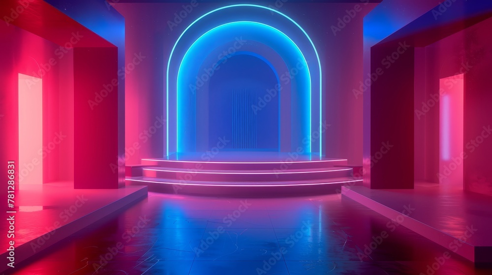Poster abstract 3d render of a futuristic geometric shape on an empty stage with glowing neon colors.