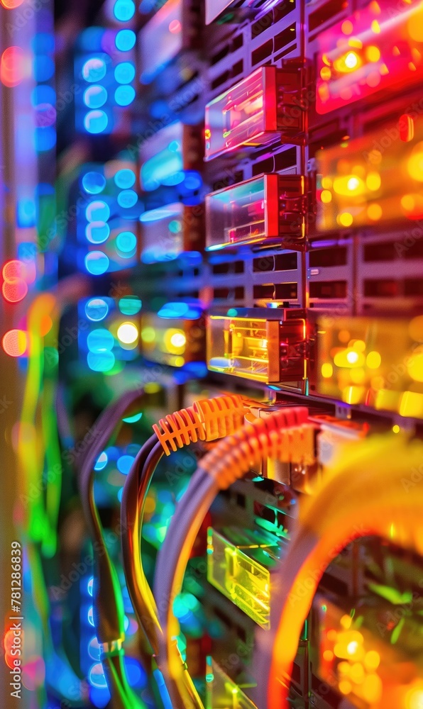 Poster a wall with rows of colorful internet cables and led lights in data centre server room