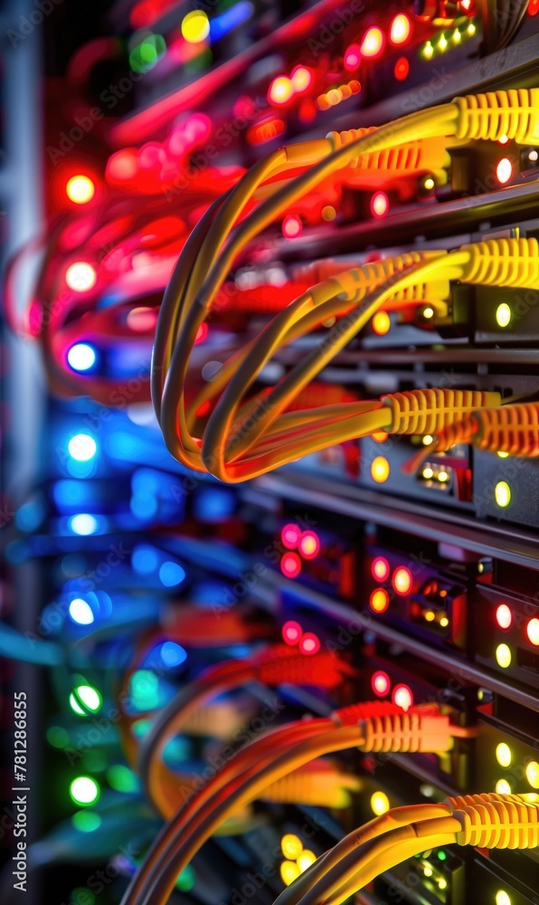 Poster a wall with rows of colorful internet cables and led lights in data centre server room