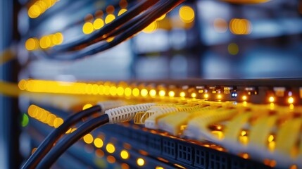 A wall with rows of yellow internet cables and led lights in data centre server room