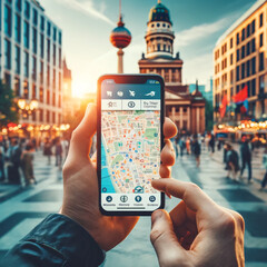 Digital Guide in Hand: Traveler Navigating City Square