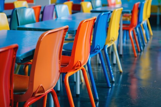 Empty school classroom with colorful desks and chairs