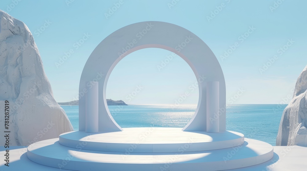 Aufkleber scene with geometrical forms, arch with a podium in natural day light. background with minimal lands