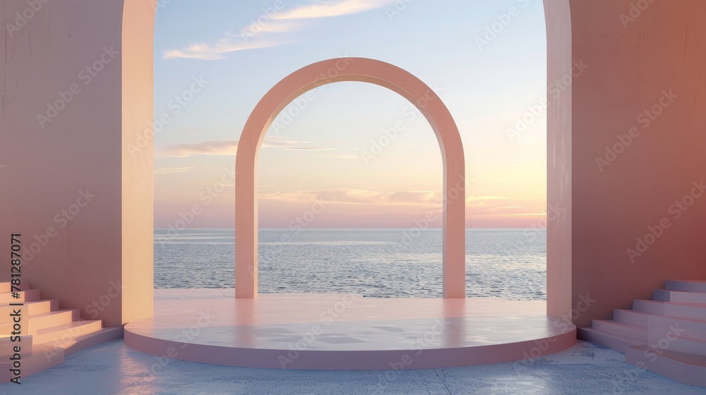 Aufkleber natural daylight setting with geometrical forms and a podium. natural landscape background. sea view