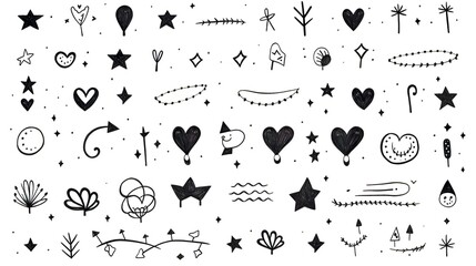 Whimsical black and white doodles featuring elements of the night sky and celestial objects