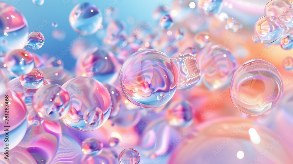 Poster 3d abstract background with colorful floating liquid blobs, soap bubbles, metaballs.