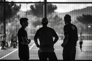 A group of men in sports attire standing confidently on top of a tennis court, discussing tactics and strategies during a competitive match.