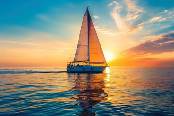 A sailboat with its sails against orange and blue sunset.
