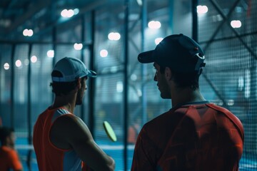 Two padel players deep in discussion and strategizing during a competitive match on the tennis court.
