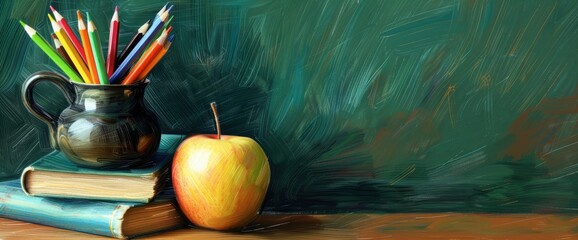 The background shows books, an apple and colored pencils in a pencil holder on a table