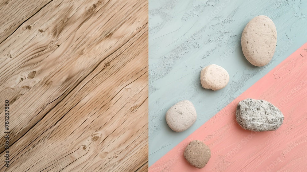 Poster for product display in a natural color scheme on a wood and stone texture background, a flat lay and