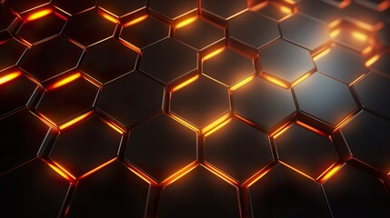 A vibrant 3D pattern with red illuminated hexagonal tiles on a dark background