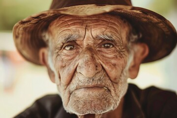 An elderly man, wearing a brown hat and black shirt, exudes wisdom and experience as he journeys through lifes adventures.