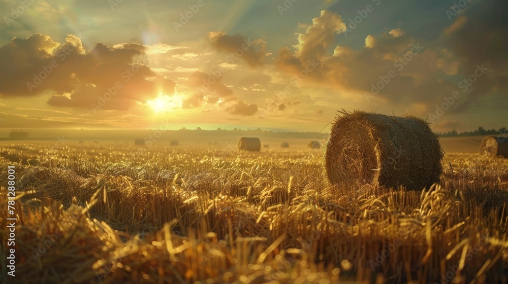 Poster Sunset over field with hay bales