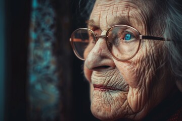 An elderly woman with glasses gazes contemplatively out a window.