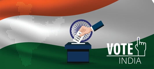 vote India Hand voting ballot box on waving Indian flag vector poster