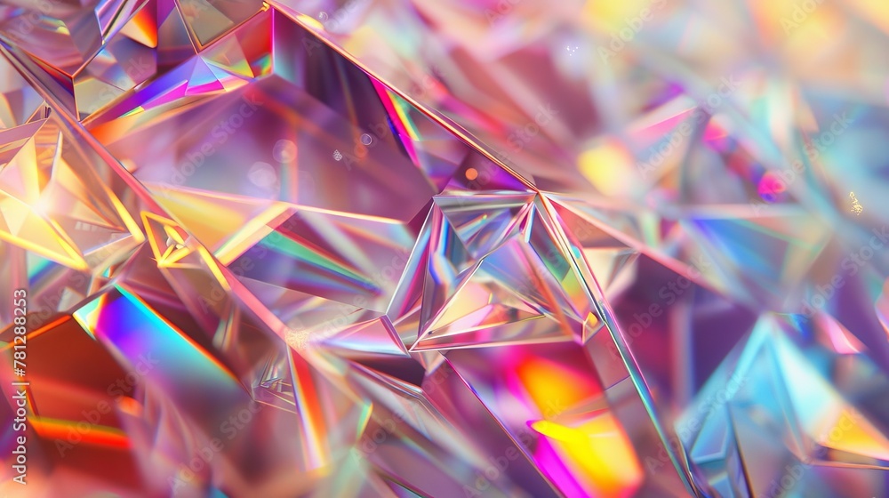 Poster crystal background, iridescent texture, and faceted gem in 3d...