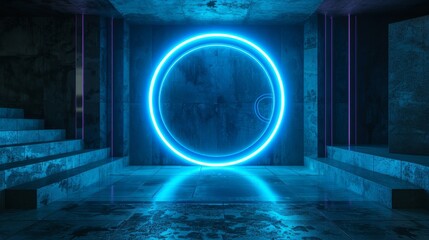 Three-dimensional rendering of futuristic sci-fi modern stage with reflective concrete room and glowing circle of neon blue color. - obrazy, fototapety, plakaty