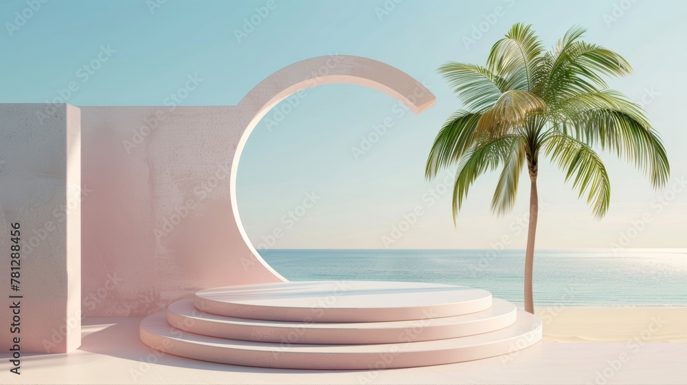 Poster this is a scene with geometrical shapes and a podium in natural daylight. the scene is set on a mini