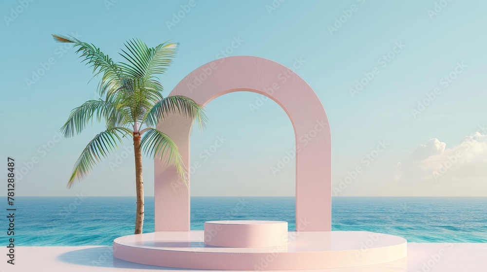 Poster scene with geometrical forms, arch with a podium in natural daylight. sea view with palm tree in sum