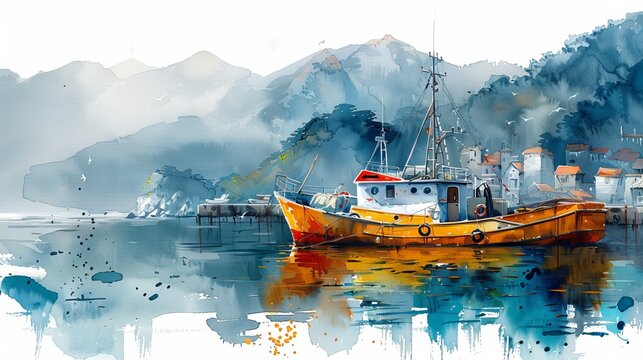 The fishing boat at the harbor in the morning, painted in watercolor