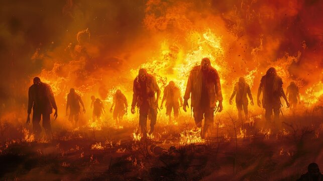 Illustration painting of zombies walking through flames of fire