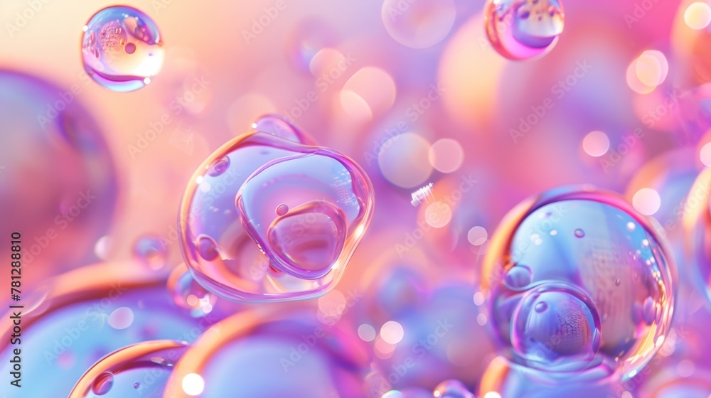 Poster a 3d art background with pastel holographic liquid blobs, soap bubbles, metaballs and other 3d eleme