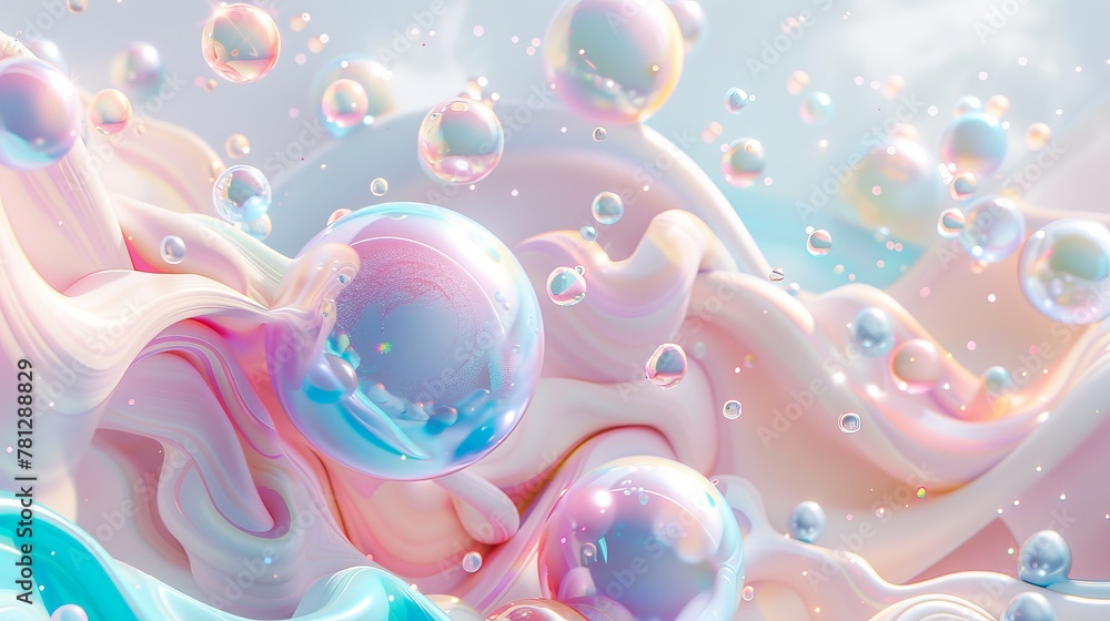 Poster holographic pastel blobs, soap bubbles, and metaballs. abstract 3d art background.