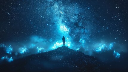 Painting showing a man standing on top of a hill watching the stars - obrazy, fototapety, plakaty