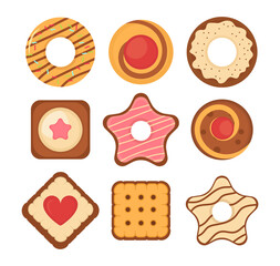 Biscuit bread cookies icon set. Big set different colorful pastry cookie. Set of different chocolate and biscuit chip cookies, gingerbread and waffle isolated on white background. Vector illustration.