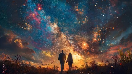 An illustration painting of a young couple holding hands against the Milky Way galaxy - obrazy, fototapety, plakaty