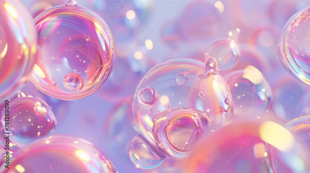 Poster floating soap bubbles, holographic geometric floating liquid blobs. abstract 3d art background.