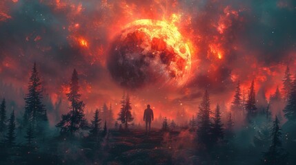 A man stands alone in the forest against a backdrop of fictional planets, illustration