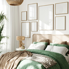 Gallery frame mockup, Home interior background, modern bedroom, 3D render - obrazy, fototapety, plakaty
