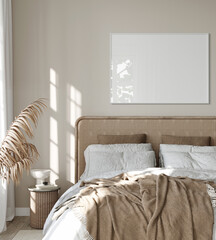 One frame mockup, Home interior background, modern bedroom, 3D render - obrazy, fototapety, plakaty