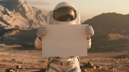 astronaut stands with a empty white poster or signboard on barren landscape - obrazy, fototapety, plakaty