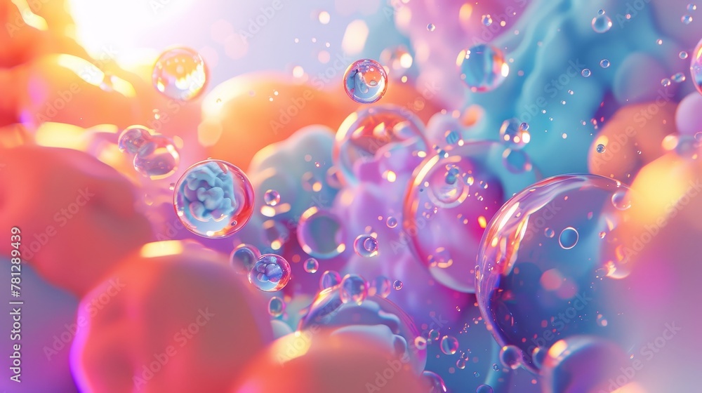 Poster three-dimensional abstract art with floating holographic liquid blobs, soap bubbles, and metaballs.