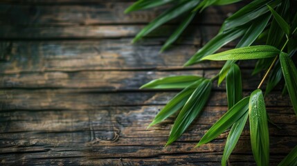 Bamboo plant leaves on a rustic wooden background
