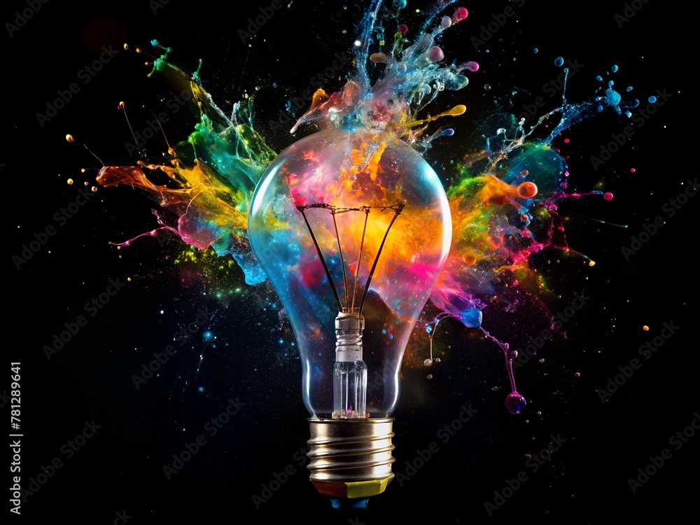 Poster exploding light bulb splattered with colorful paint, symbolizing new ideas and creative