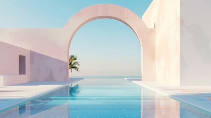 A geometrical abstract scene with a swimming pool in natural day light. A minimal 3D landscape background......