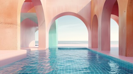Fototapeta na wymiar In natural day light, an abstract scene with geometrical forms, a swimming pool, and a minimalist 3D landscape background.