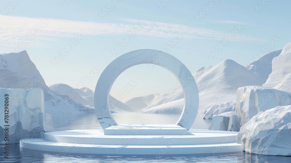 Poster geometrical winter scene with a podium in a lake view. 3d landscape background with minimal geometri