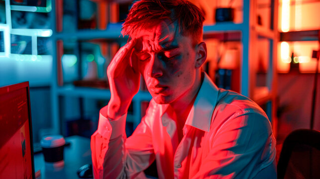 A young man sits in front of a computer screen, focused on his work or the tasks displayed. Headache. Migraine. Fatigue and apathy from work. Banner. Copy space