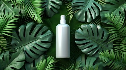 Blank cosmetic bottle container with tropical palm leaves background. 3d rendering.