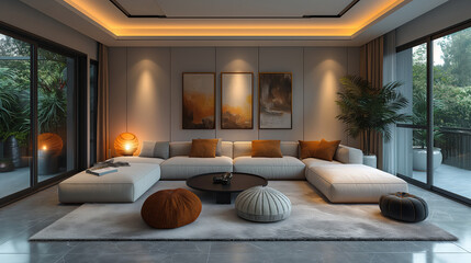 Modern creative living room interior design backdrop ideas concept house beautiful background elevation of sofa with decorative photo paint frame full wall background. Design concept.