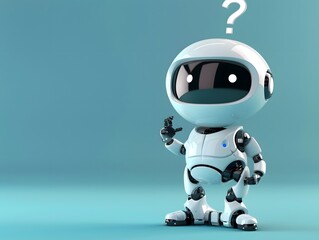 Positive cute baby robot a robot with question mark , confused robot , cute background ,copy space for text