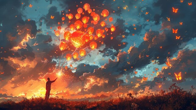 Flying butterflies and glowing balloons in the air, illustration painting