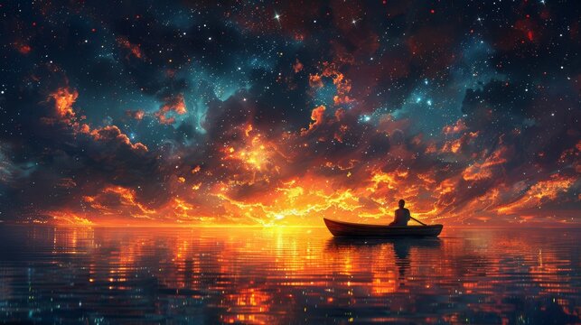 An illustration painting of an illustration depicts a man rowing a boat in the sea under a beautiful sky dotted with stars.